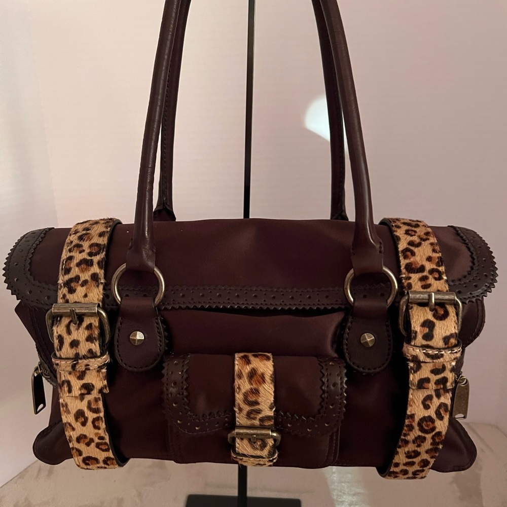Leopard Accent Brown Leather and Brown Satin Handbag